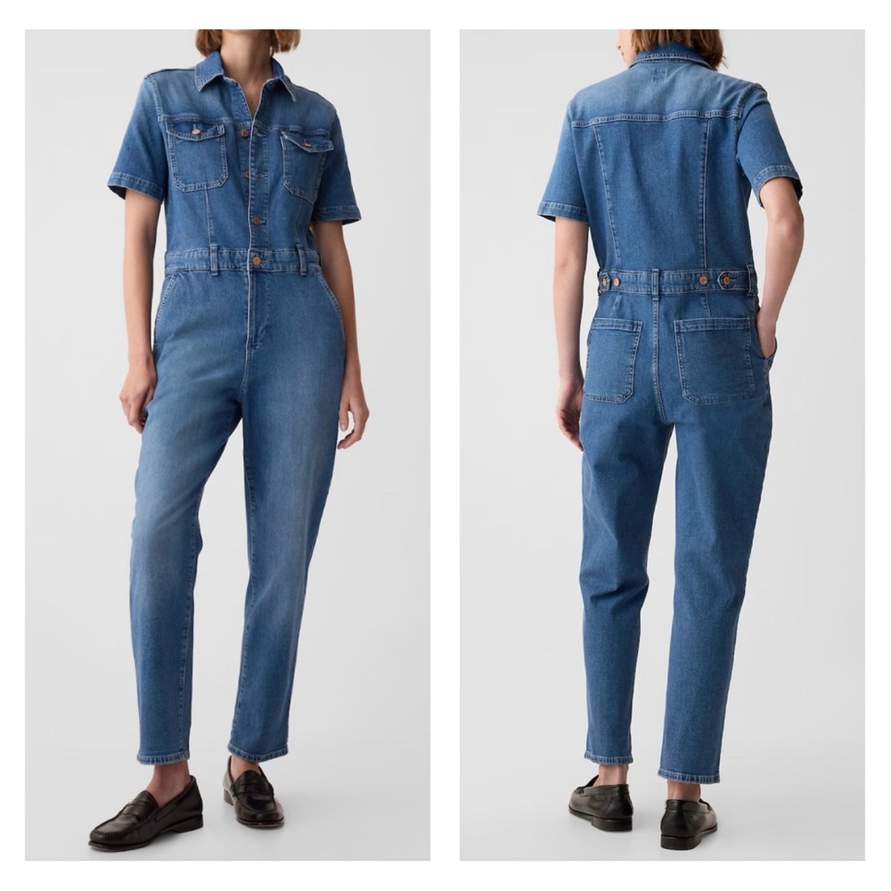 LIKE NEW GAP Utility Short Sleeve Denim Jumpsuit Size 10 Tall